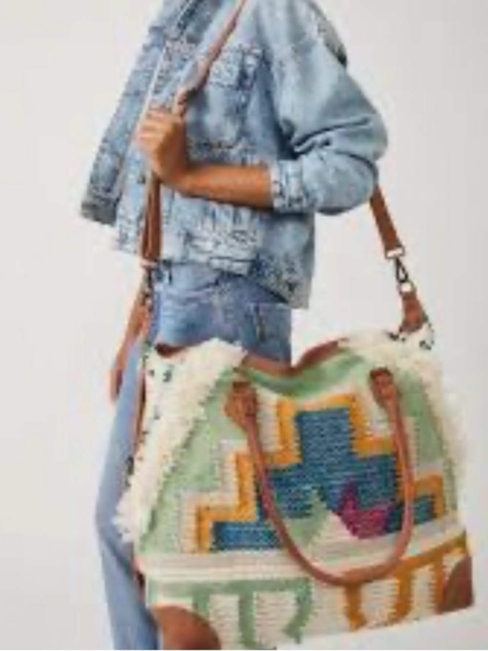 Free People Quick Trip Weekender Multicolor Aztec Tote with Brown Leather Straps